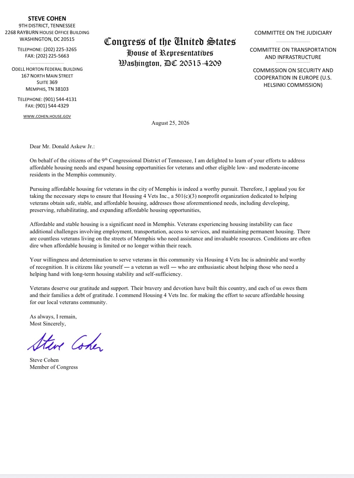 Letter of support from U.S. Representative Steve Cohen, 9th Congressional District of Tennessee, dated August 25, 2026