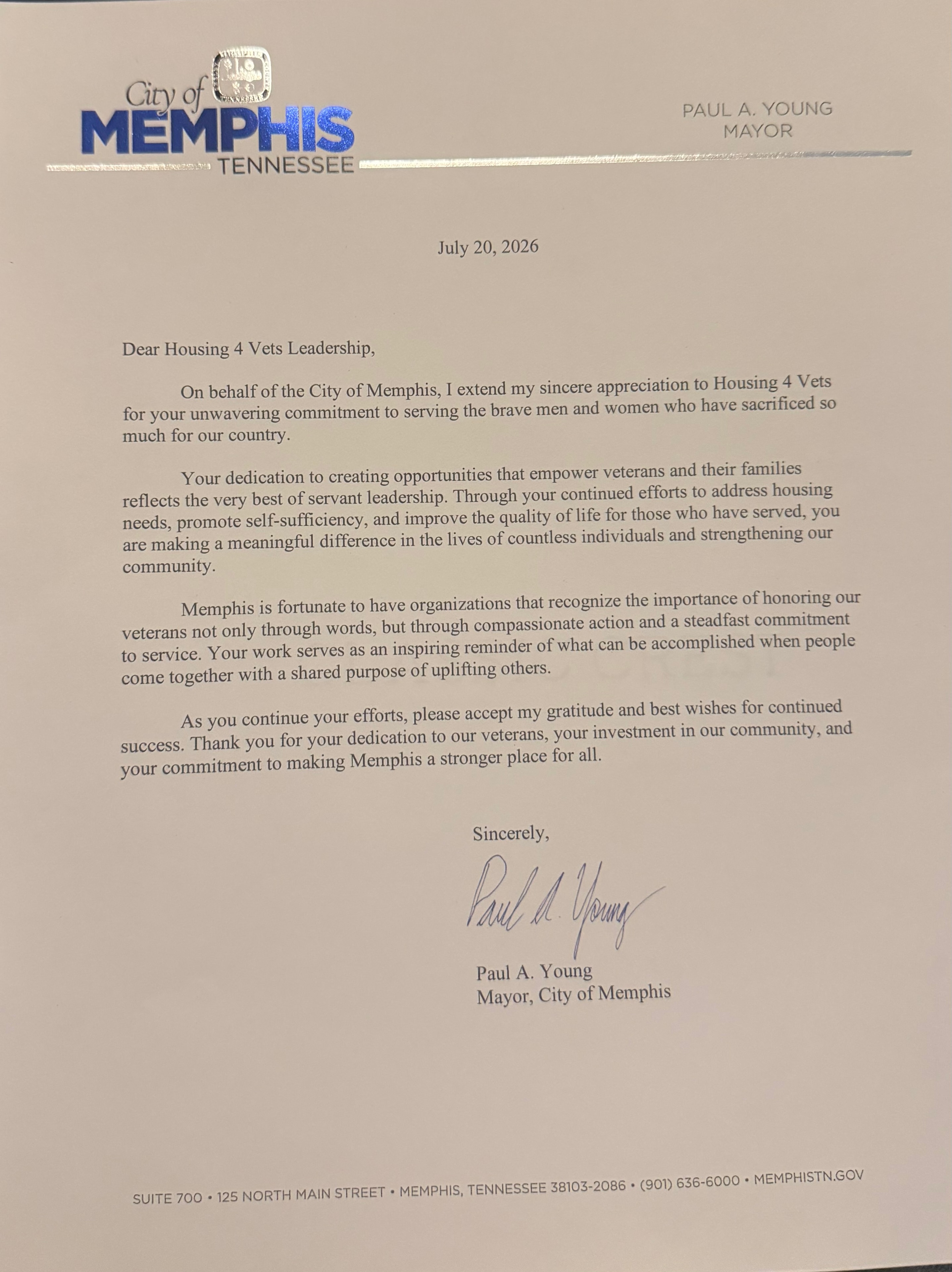 Letter of support from Mayor Paul A. Young, City of Memphis, dated July 20, 2026