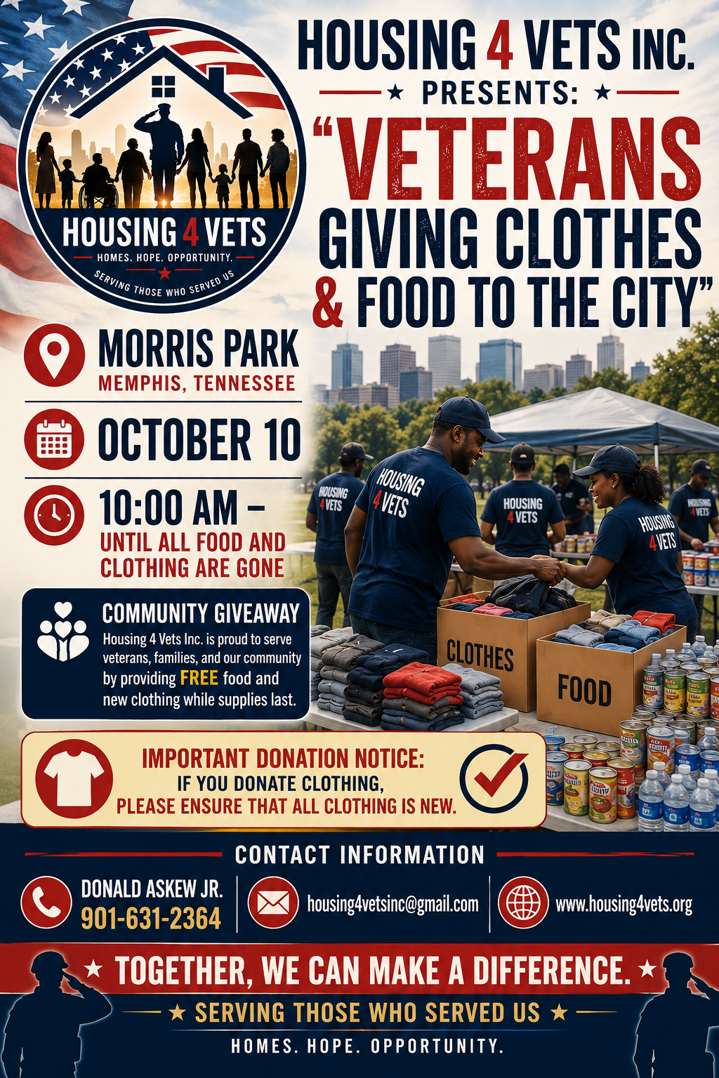 Veterans Giving Clothes and Food to the City — event flyer for Morris Park, Memphis, October 10